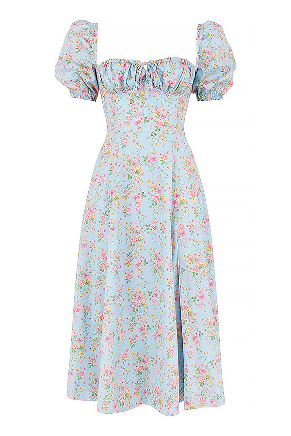 Robe d'été midi à manches bouffantes fleuries
