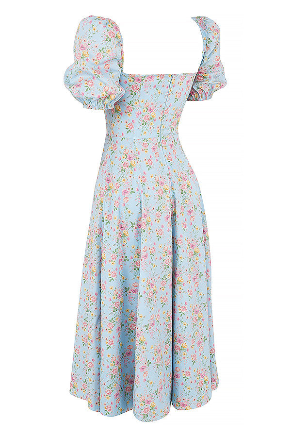 Robe d'été midi à manches bouffantes fleuries