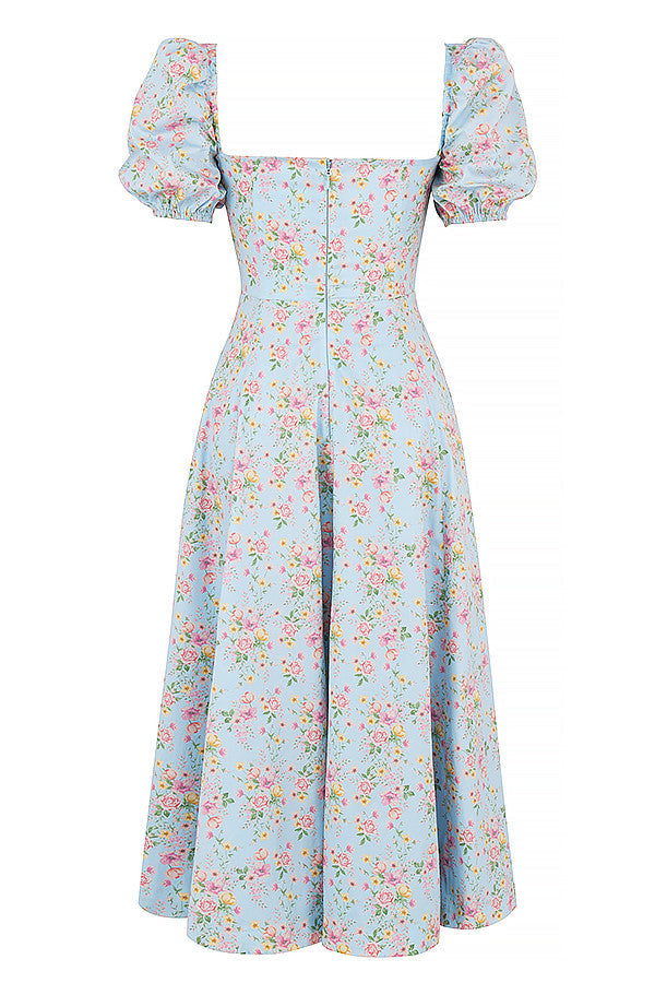 Robe d'été midi à manches bouffantes fleuries
