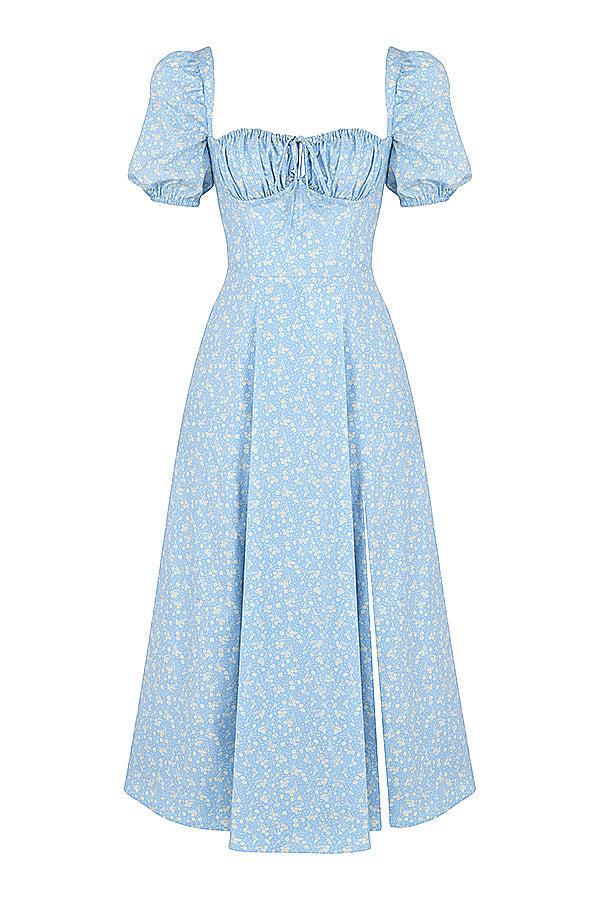 Robe d'été midi à manches bouffantes fleuries