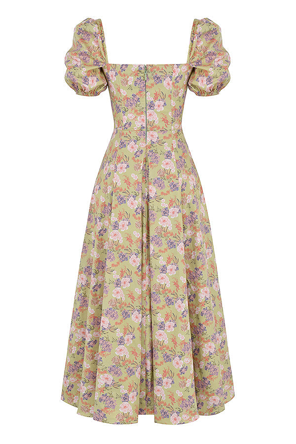 Robe d'été midi à manches bouffantes fleuries