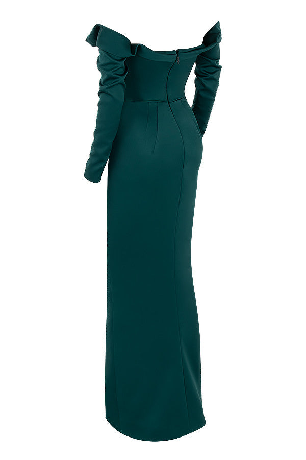 Robe bustier drapée en satin vert émeraude