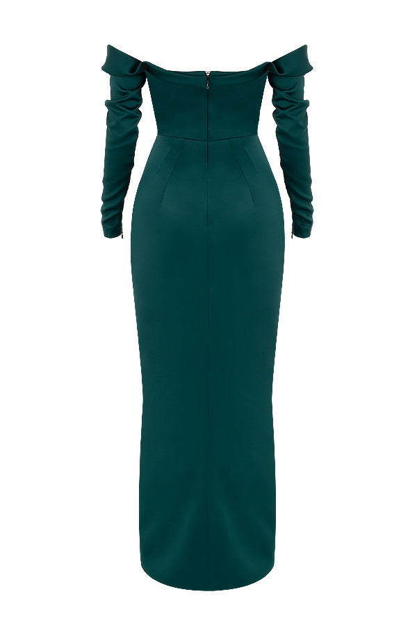 Robe bustier drapée en satin vert émeraude