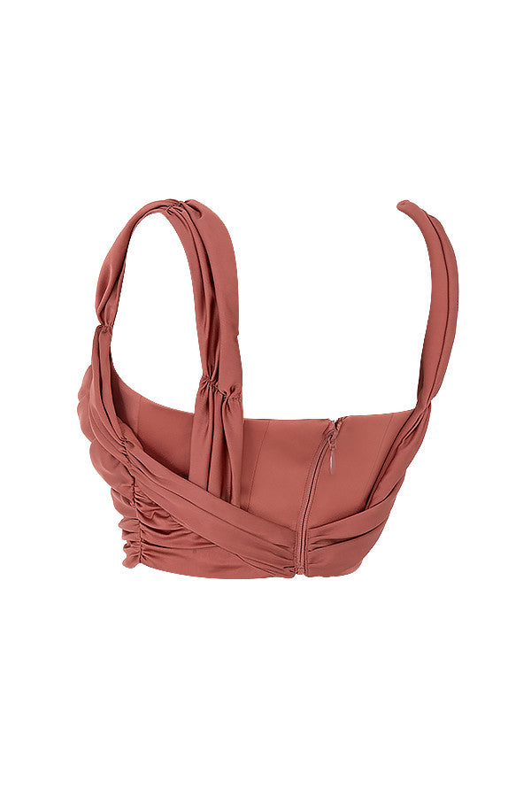 Corset drapé en satin rose avec décolleté drapé