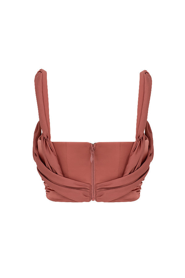 Corset drapé en satin rose avec décolleté drapé