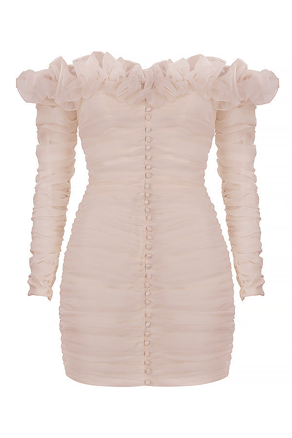 Robe bustier en mousseline ivoire à volants