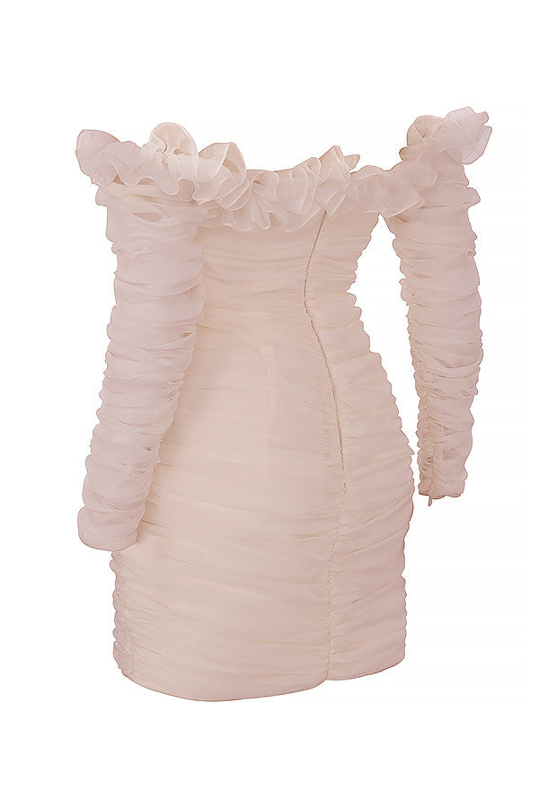 Robe bustier en mousseline ivoire à volants