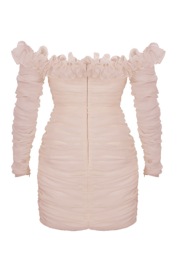 Robe bustier en mousseline ivoire à volants