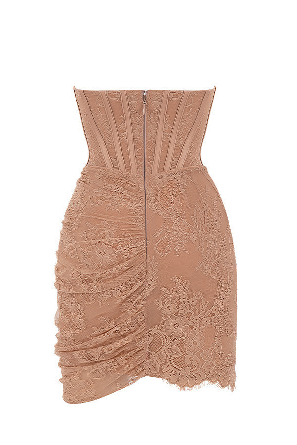 Robe corset bustier en dentelle beige