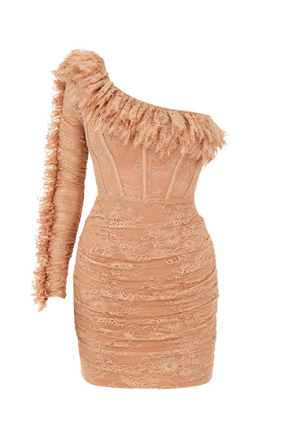 Mini-robe asymétrique beige à volants