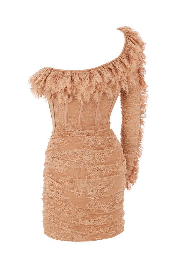 Mini-robe asymétrique beige à volants