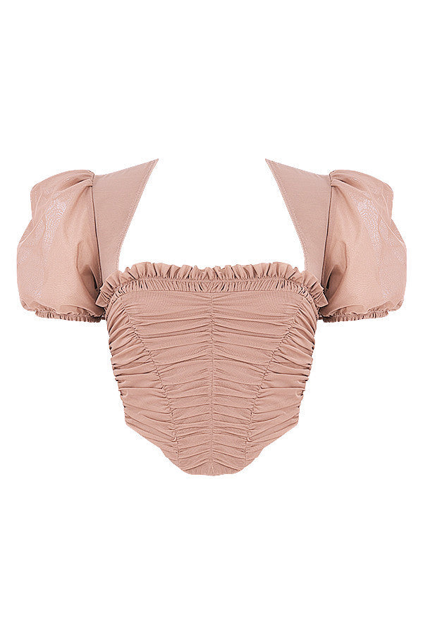 Corset en maille marron avec manches bouffantes et plis