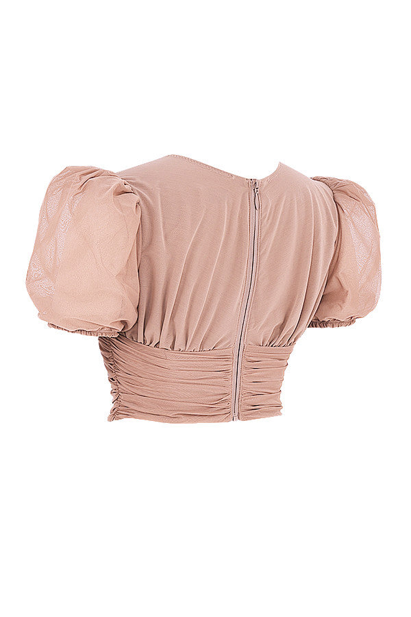 Corset en maille marron avec manches bouffantes et plis