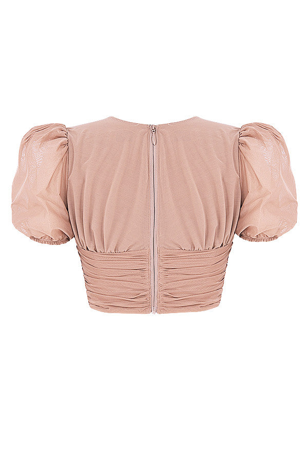 Corset en maille marron avec manches bouffantes et plis