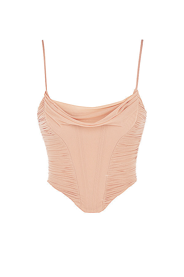 Corset drapé en résille beige