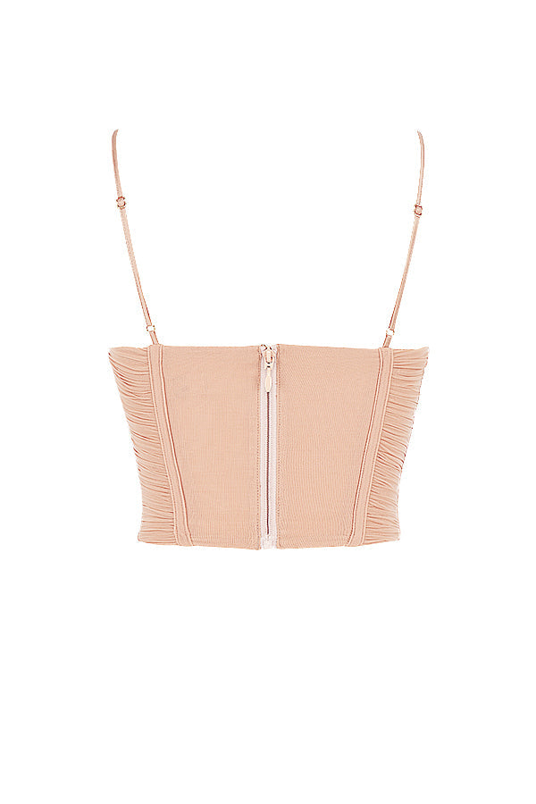 Corset drapé en résille beige