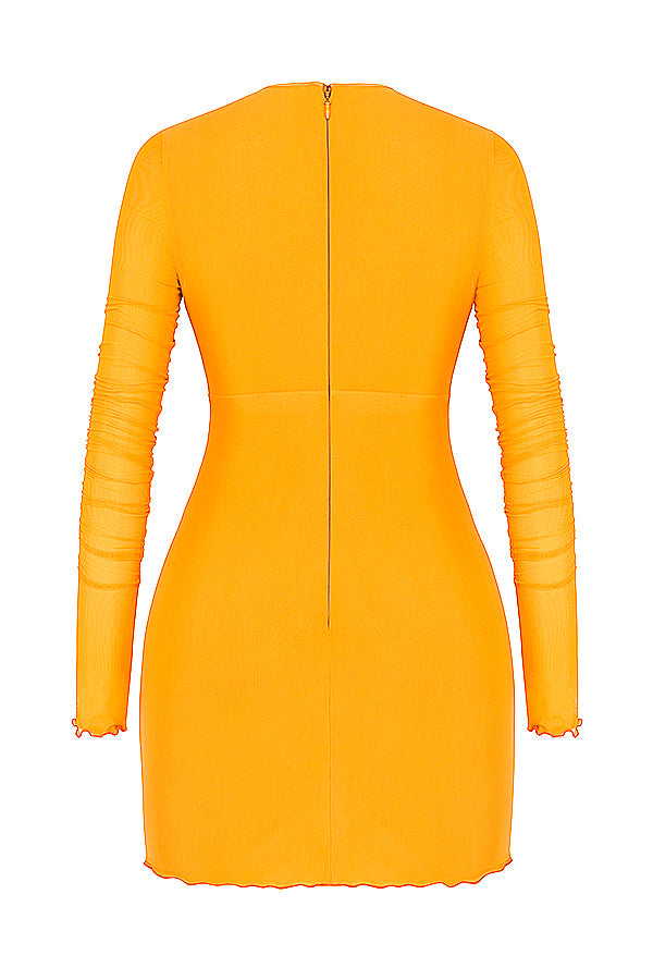Mini-robe en maille orange à manches longues et découpée à volants