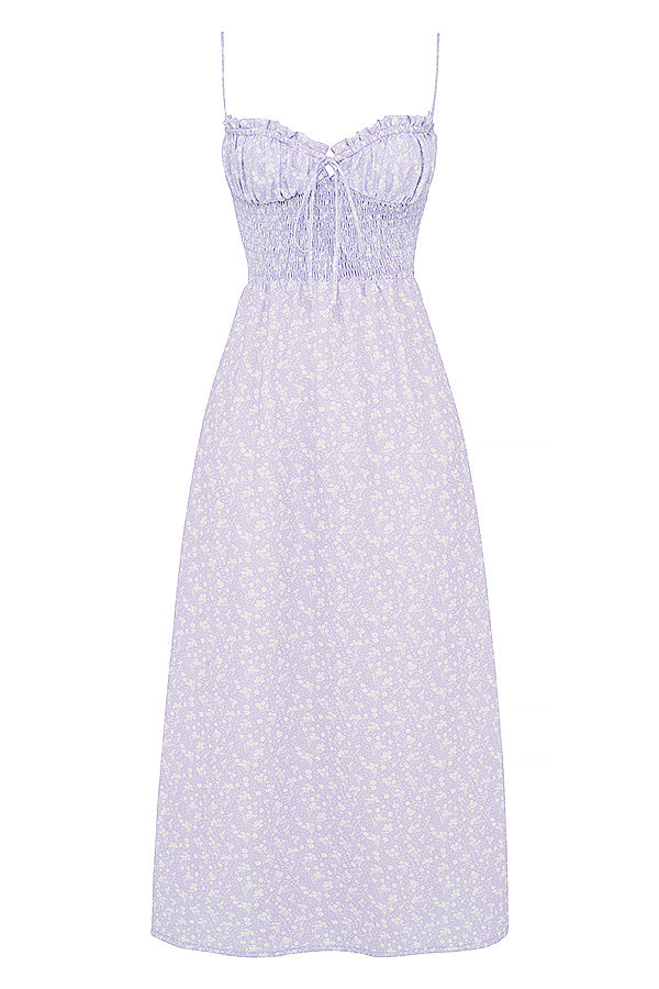Robe cheville smockée fleurie lilas