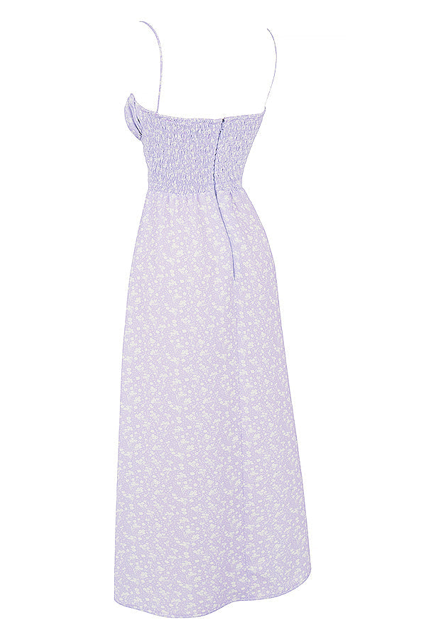 Robe cheville smockée fleurie lilas