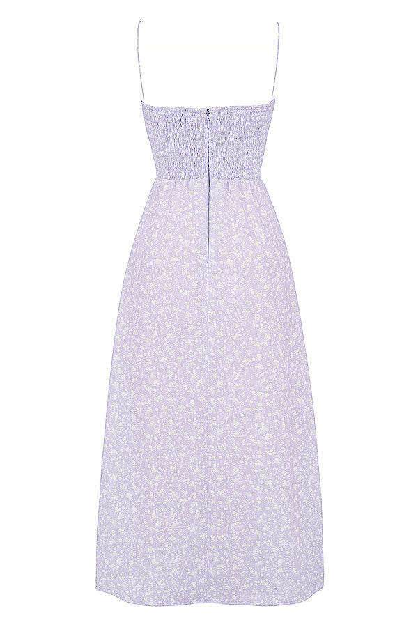 Robe cheville smockée fleurie lilas