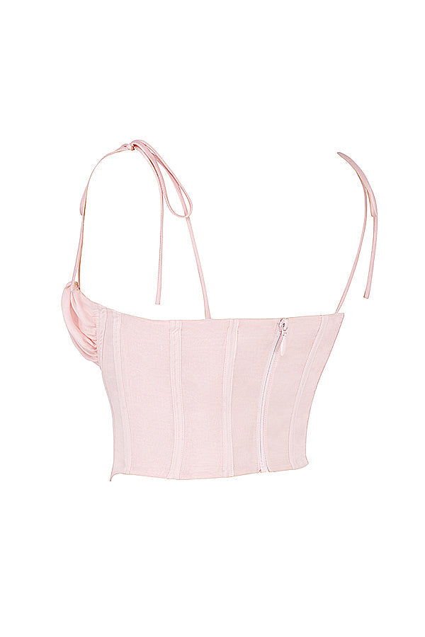 Corset court rose bébé avec buste en mousseline plissée