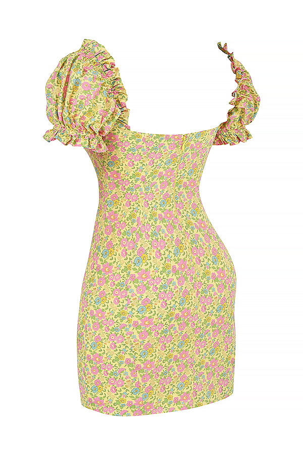 Mini-robe vintage à manches bouffantes fleuries