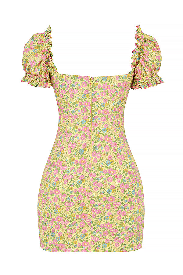 Mini-robe vintage à manches bouffantes fleuries