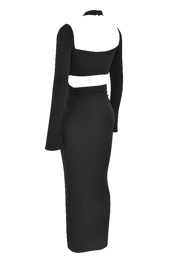 Robe longue en jersey noir avec découpe