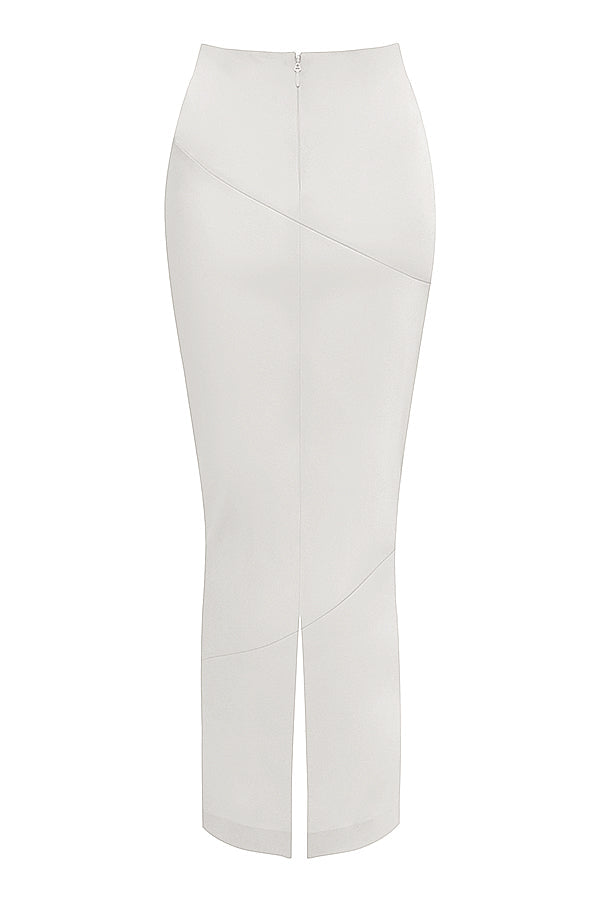 Long corset en satin ivoire avec jupe midi coupée en diagonale