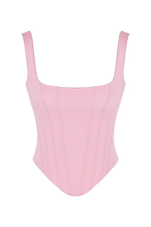 Corset long en satin rose fée