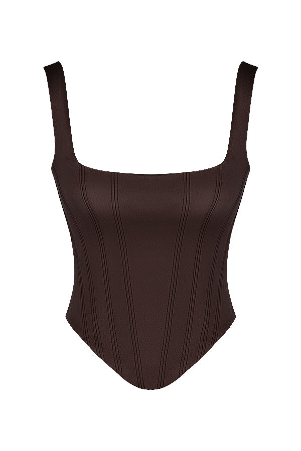 Corset long en satin chocolat avec pantalon cargo