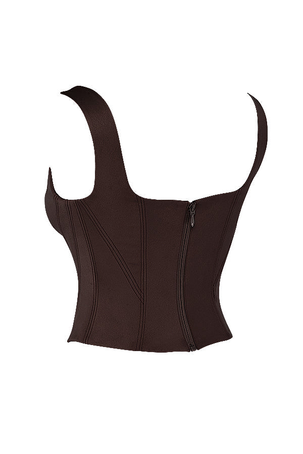 Corset long en satin chocolat avec pantalon cargo