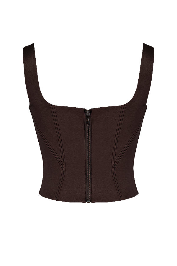 Corset long en satin chocolat avec pantalon cargo