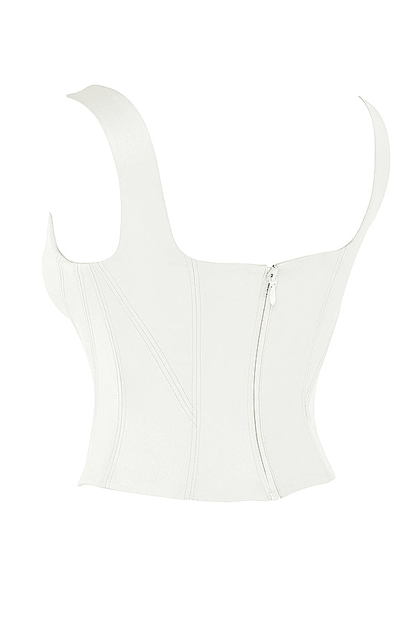 Long corset en satin ivoire avec jupe midi coupée en diagonale