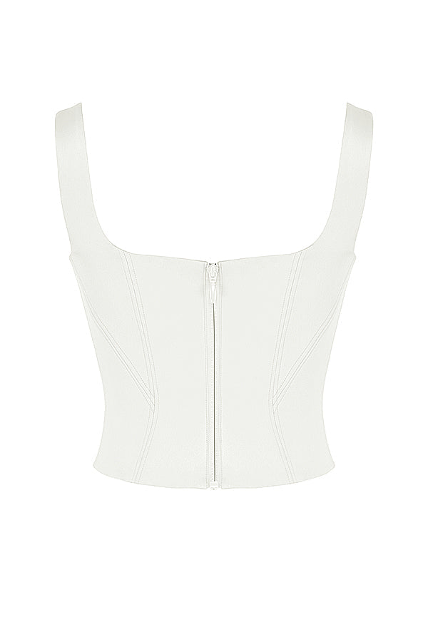 Long corset en satin ivoire avec jupe midi coupée en diagonale