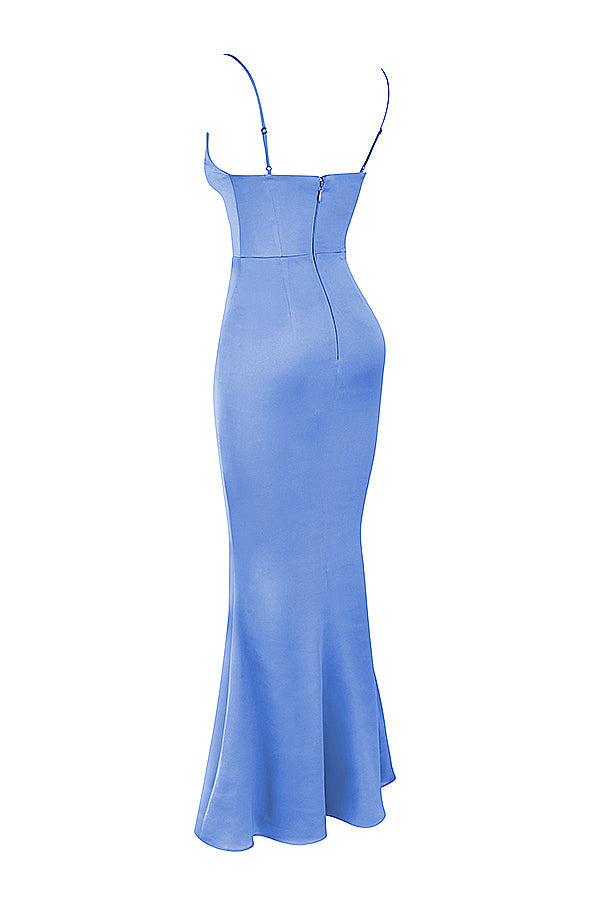 Robe longue pervenche avec corset en satin