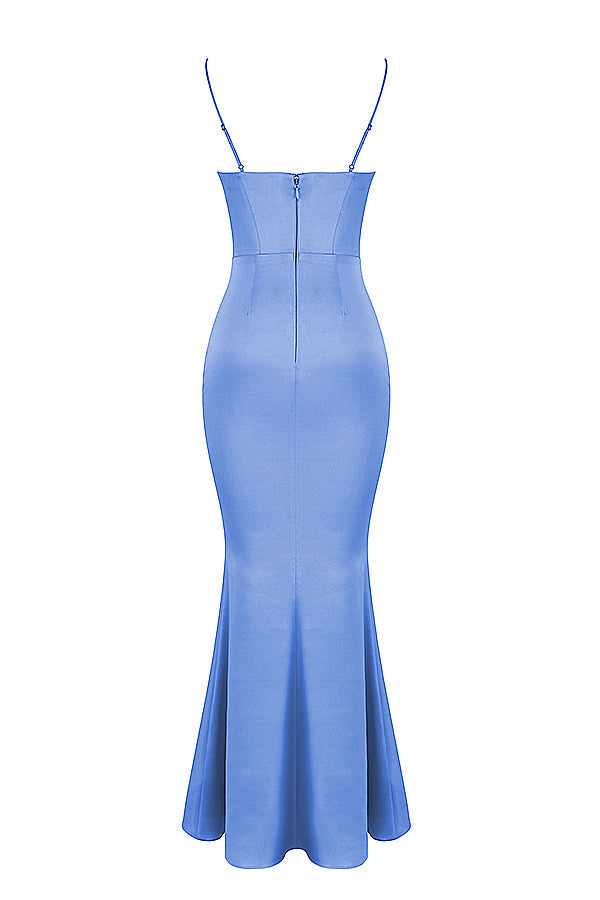 Robe longue pervenche avec corset en satin