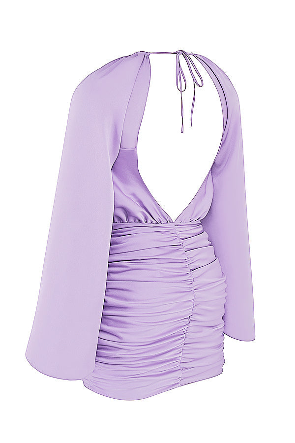 Mini-robe en satin orchidée avec cache-càur sur le devant