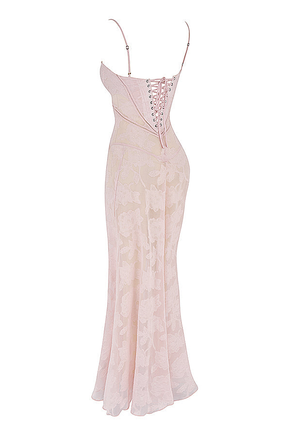 Robe longue vintage de couleur cràme avec dos en dentelle