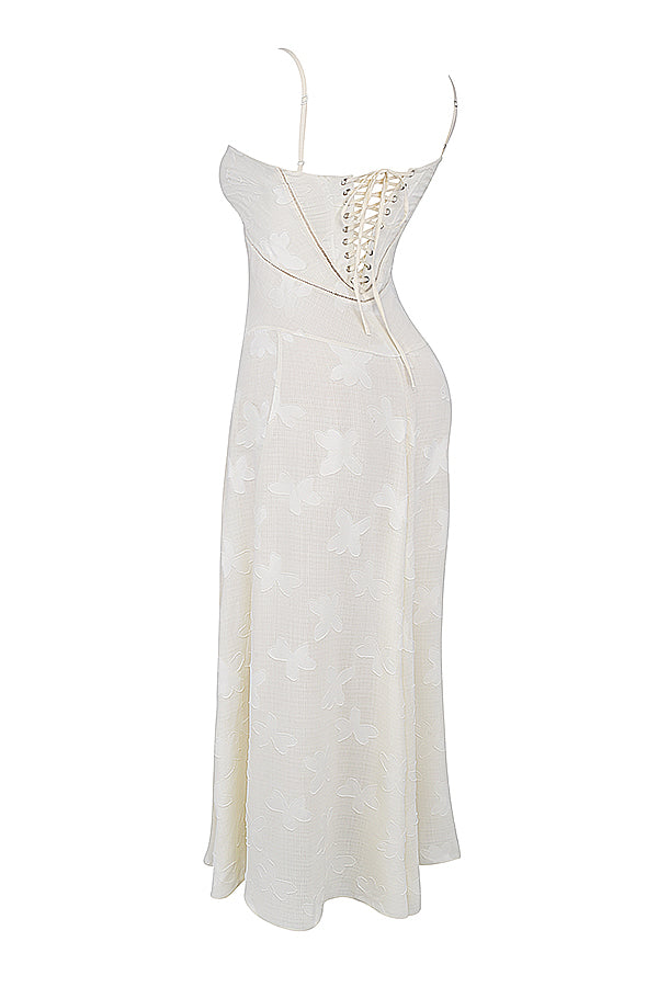 Robe longue vintage de couleur cràme avec dos en dentelle