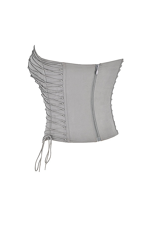 Corset à lacets fumé avec pantalon à lacets en cuir végétalien moka