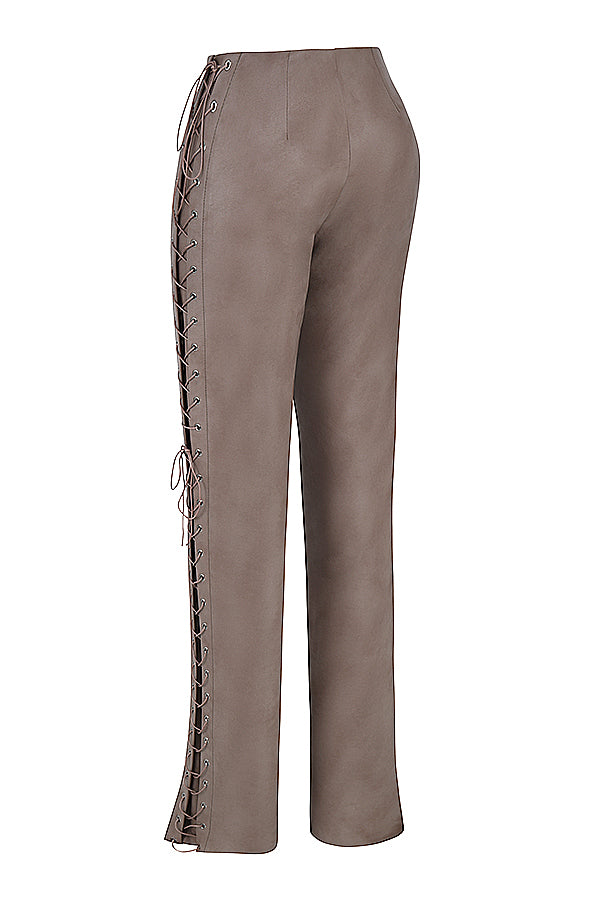 Corset à lacets fumé avec pantalon à lacets en cuir végétalien moka