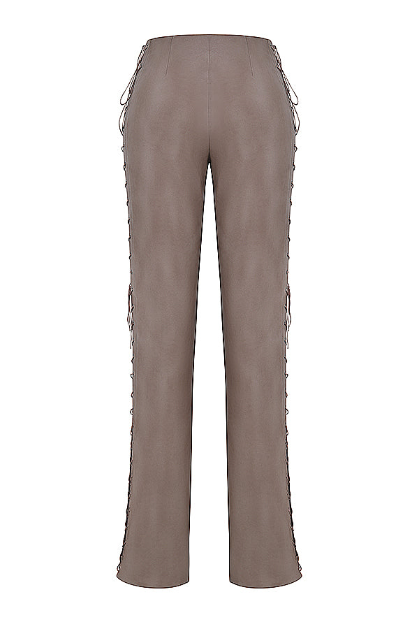 Corset à lacets fumé avec pantalon à lacets en cuir végétalien moka