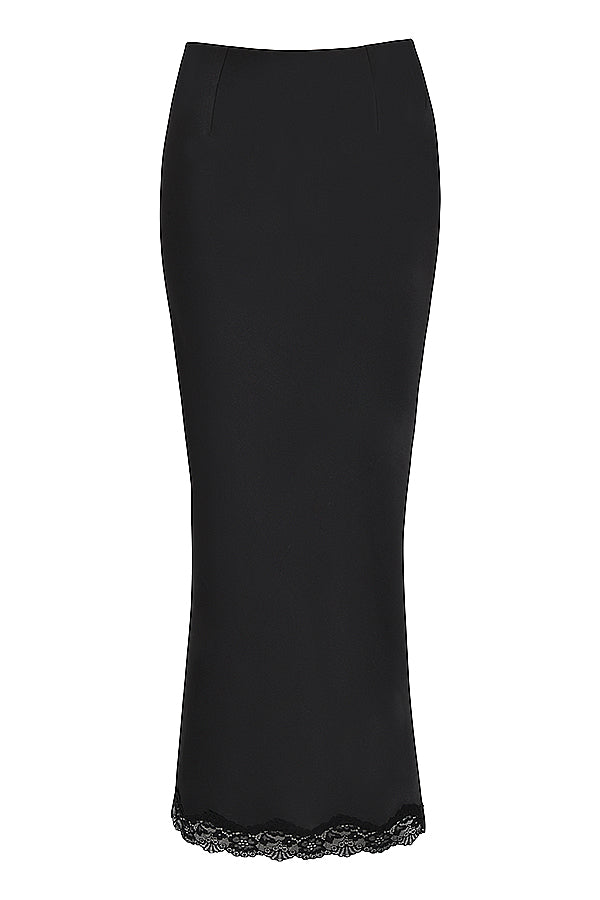 Corset en dentelle noire avec jupe midi en satin