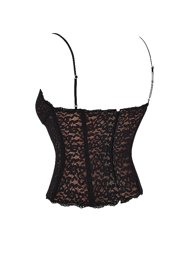 Corset en dentelle noire avec jupe midi en satin