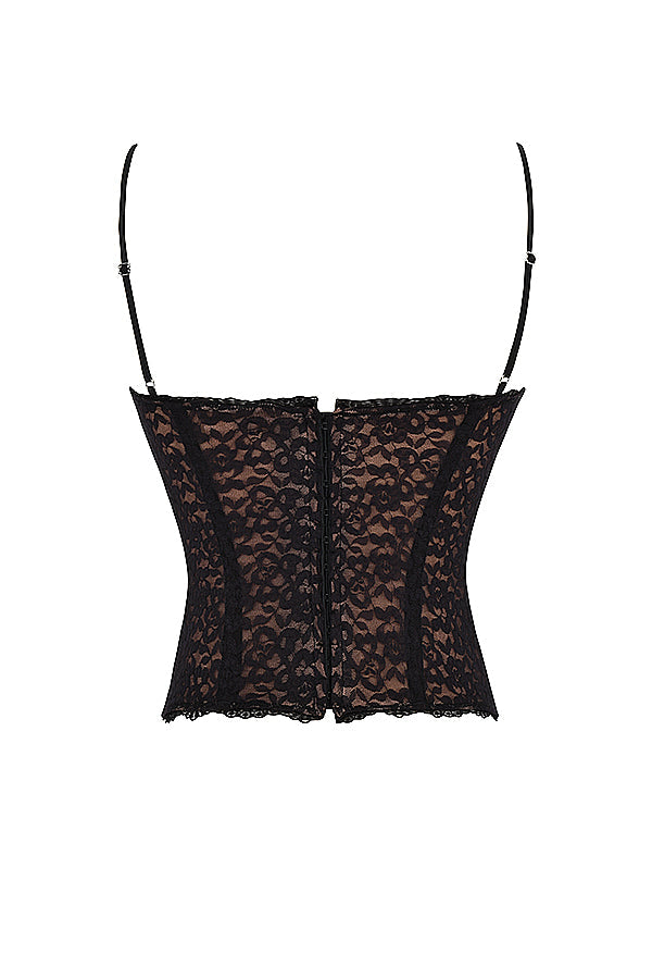 Corset en dentelle noire avec jupe midi en satin