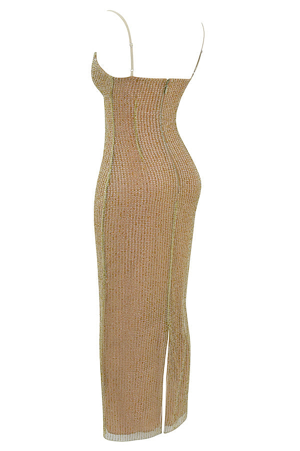 Robe longue avec perles café au lait