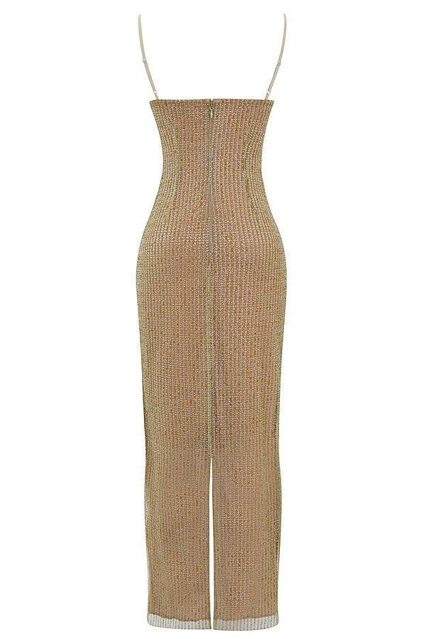 Robe longue avec perles café au lait