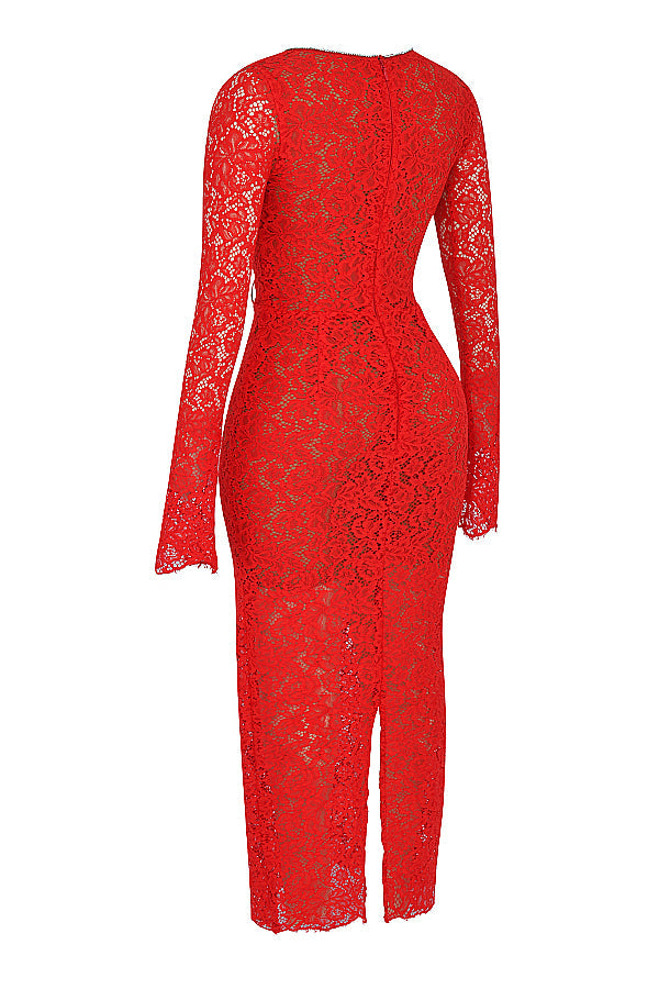 Robe longue en dentelle rouge