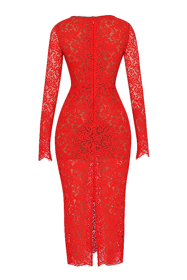 Robe longue en dentelle rouge